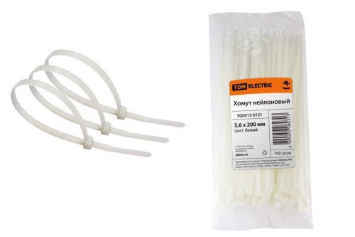 Хомут 3,6х200 нейлон (белый) (100шт) ТДМ                                        
