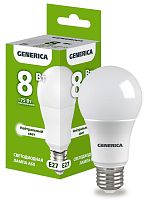 Лампа светодиодная   8Вт E27 A60 4000К (упак-100шт) GENERICA          