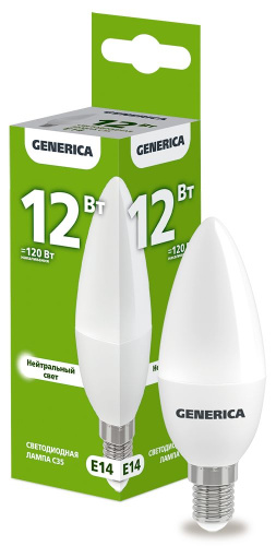 Лампа светодиодная  12Вт E14 C35 4000К свеча (упак-100шт) GENERICA                                        