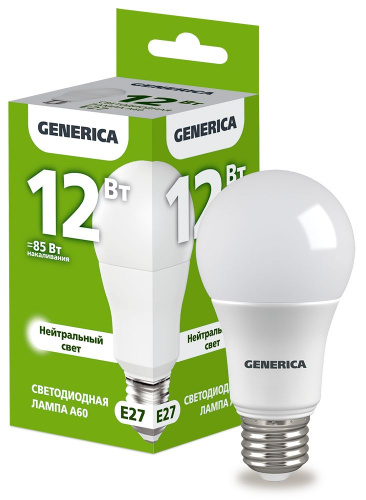 Лампа светодиодная  12Вт E27 A60 4000К (упак-100шт) GENERICA                                        