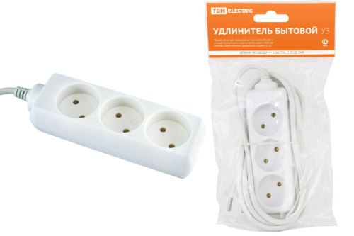 Удлинитель бытовой  У3  3 гнезда, 3метра, без заземления, ПВС 2х0,75 мм2 10А/250В замена SQ1303-1311                                        
