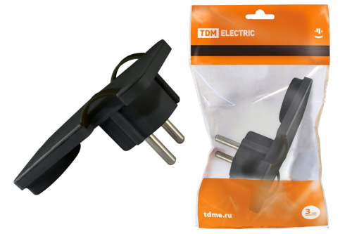 Вилка угловая плоская (8 мм) 16А 250В черная ТДМ                                        
