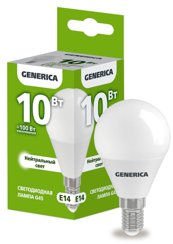 Лампа светодиодная  10Вт E14 G45 4000К шар (упак-100шт) GENERICA                                        