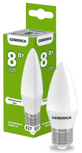 Лампа светодиодная   8Вт E27 C35 4000К свеча (упак-100шт) GENERICA                                        