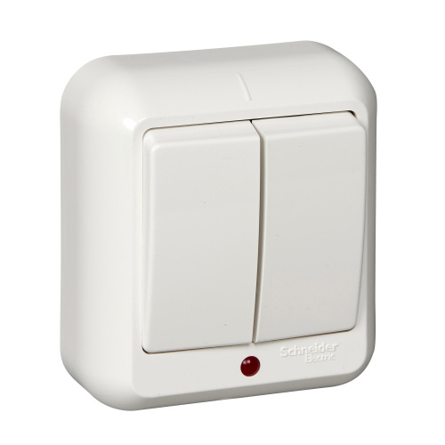 Выключатель о/у Прима 2кл белый IP20 6А с инд. и с изол. пл. (упак-129шт) SchE                                         фото 2                    